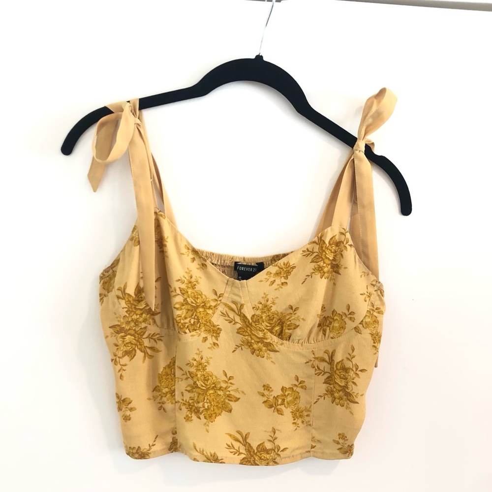 Cropped Tank Top Camisole Butter Yellow Mustard Floral Bow Ribbon XS